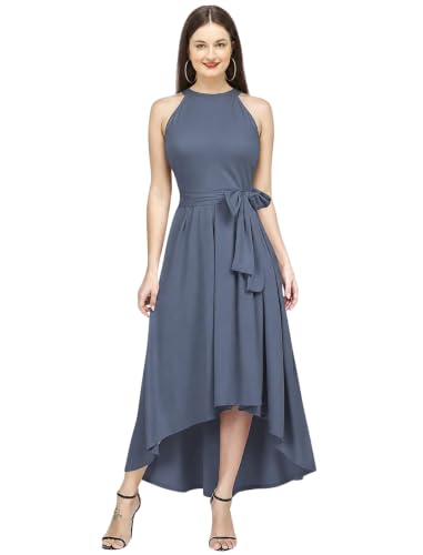 Image of Women Fit & Flare High Low Midi Dress | Sleeveless Round Neck One Piece Dress with Waist Tie Detail | Flowy Western Dress for Party and Casual Styling