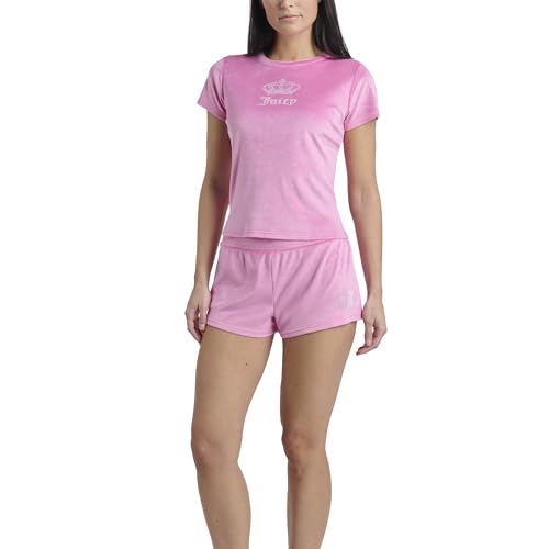 Image of Juicy Couture Women's 2 Piece Velvet Fleece Short Sleeve Shirt and Pajama Shorts Lounge Sleepwear Set