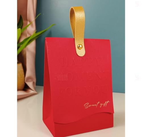 Image of SATYAM KRAFT 10 Pcs Elegant Candy Folding Paper Gift Box with Handle | Decorative Favor Box for Wedding Return Gifts, Engagement, Festivals, Birthday, Chocolates & Dry Fruits (Red)