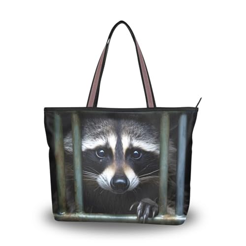 Women Tote Bag Purse Raccoon in Cell Print with Zipper, Patterned Handbag Reusable Grocery Bag Large Size