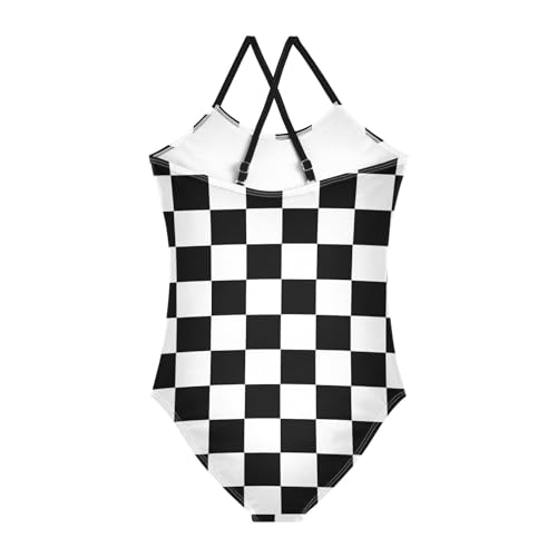 Black White Chessboard Girls One Piece Swimsuits Sport Halter Swimwear Beach Bathing Suit 4T2