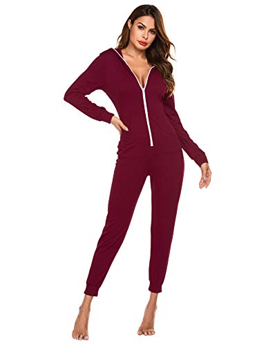 Ekouaer Zipped One Piece Thermal Underwears Romper hooded Jumpsuit Sleepwear for Women (A-Wine Red, Large)