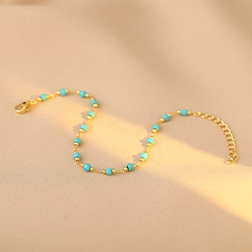 Image of Womens Dainty Gold Chain Bracelet,Simple Layered Chain Bracelets,Beaded Turquoise Bracelet,Charm Crystal Bar,Heart,Karma,Triangle,Pearl Bracelets for Women