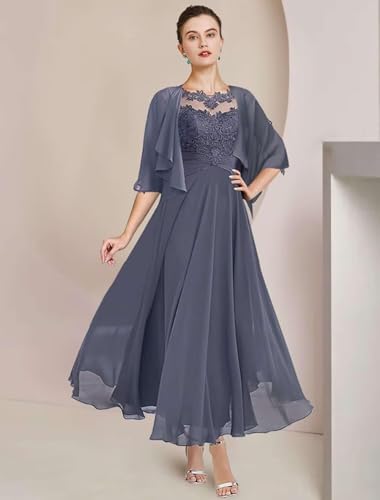 2 Pieces Mother of The Bride Dresses for Wedding Lace Appliques Chiffon Formal Dress with Jacket LW2052