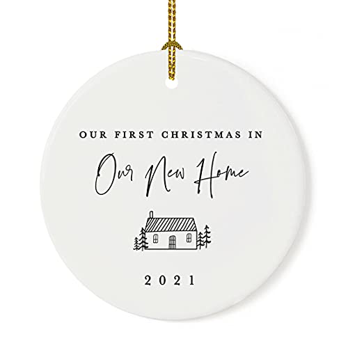 Andaz Press Custom Year Round Ceramic Porcelain Christmas Tree Ornament Engagement Keepsake Collectible Gift, First Christmas in Our New Home 2023, Antique Handdrawn, 1-Pack