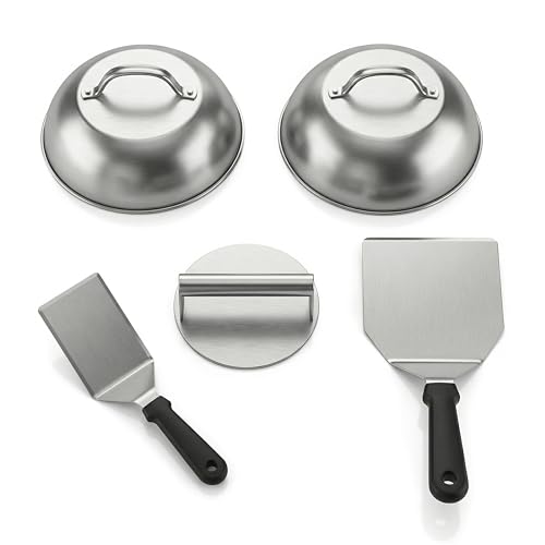 Arendo - Burger Set XXL - 1 x Grillspachtel - 1 x Pfannenwender - 1 x Burgerpresse - 2 x Schmelzkuppeln – Edelstahl – hitzebeständig geschmacksneutral lebensmittelecht - Bürger und Smash Bürger