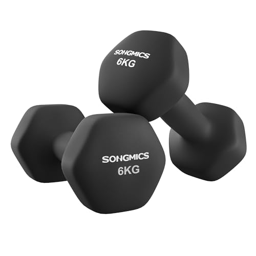 SONGMICS Set of 2 Dumbbells, 2 x 6 kg Hand Weights with Neoprene Coating, Hexagonal Dumbbells Pair, Home Workout, Fitness Training Exercise, Ink Black SYL160B01