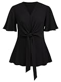 SCOMCHIC 2024 Women's Plus Size Peplum Tops Elegant V Neck Tie Front Bell Sleeve Flowy Blouses Shirts Black 2XL