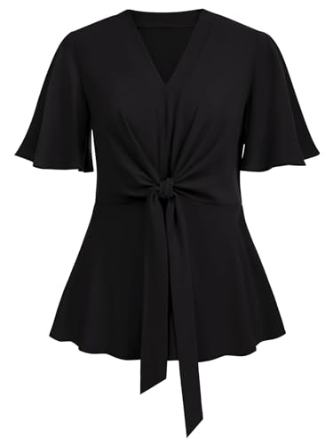 SCOMCHIC 2024 Women's Plus Size Peplum Tops Elegant V Neck Tie Front Bell Sleeve Flowy Blouses Shirts