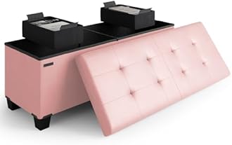 Storage Ottoman Bench with Bins, 43-in Storage Bench for Bedroom End of Bed, Folding Foot Rest Ottoman for Living Room Max 660lbs, Faux Leather Ottomans, Pink