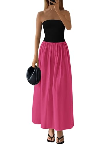 Image of PRETTYGARDEN Women 2026 Summer Elegant Strapless Maxi Dress Tube Top Dress A Line Flowy Long Wedding Party Cocktail Dresses(Black Rose Red,Large)