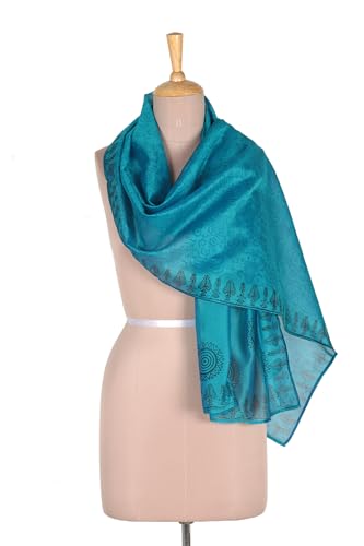 NOVICA Artisan Handmade Cotton Silk Shawl Blend Wrap Patterned Accessories Shawls Blue India Block Print ' Turquoise Bihar'4