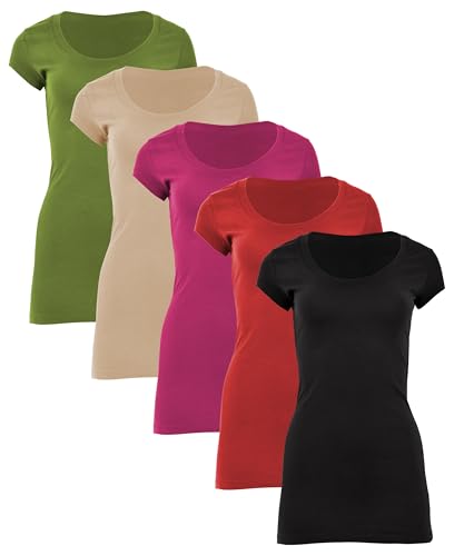 Sexy Basics Womens Cotton Stretch Scoop Neck Short Sleeve Extra Long T Shirt - Multi Packs