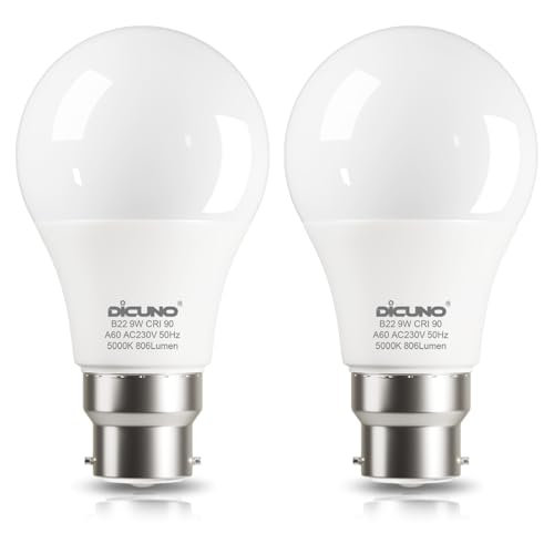 DiCUNO Lampadina LED B22, 9W equivalente a 60W alogena, Bianco freddo 5000K, 806lm, CRI 90, Non dimmerabile, Lampadina baionetta LED B22 standard per illuminazione domestica, 2 Pezzi