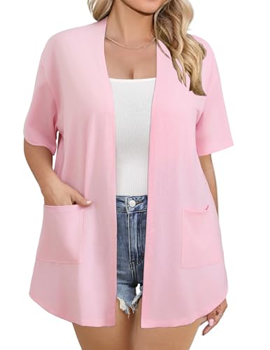 Image of IN'VOLAND Women Plus Size Lightweight Cardigan Short Sleeve Open Front Casual Summer Kimonos Cardigans with Pockets
