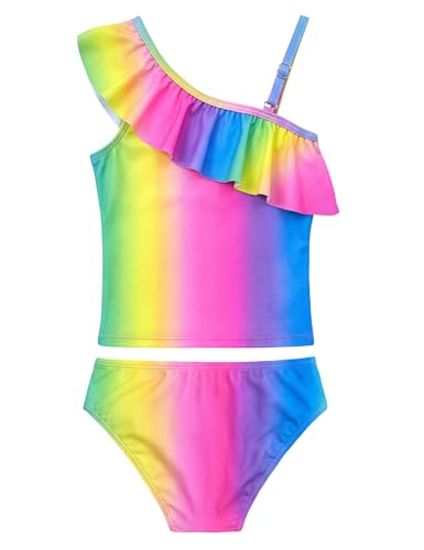 Image of Girls Tankini Swimsuit Two Piece Bathing Suit Colorful Toddler Kids Ruffle Swimwear Adjustable Strap Summer Beach