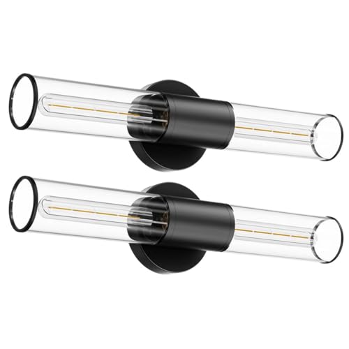 Image of Bathroom Vanity Light Fixture, 2-Light Black Wall Sconce Lighting Fixture with Clear Glass, Indoor E26 Socket Wall Lamp for Mirror Living Room Hallway, 2 Pack