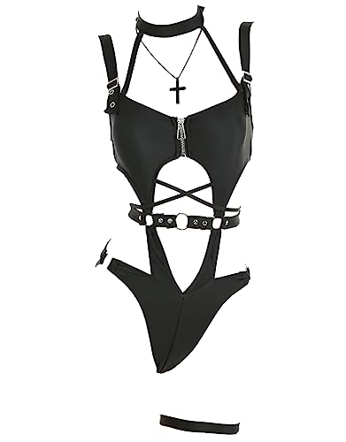 MEOWCOS Women's One Piece Swimsuits Gothic Swimsuit Chest Zipper Cutout Bathing One-Piece Swimwear