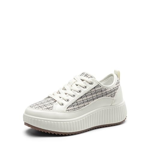 DREAM PAIRS Women Platform Chunky Lightweight Comfortable Casual Lace-Up Sky Walking Fashion Sneakers 9 Blue Stripe/White