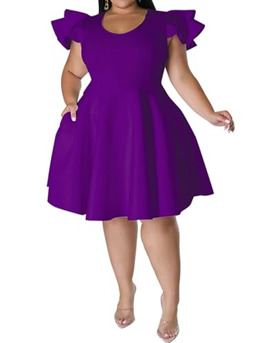 Image of IyMoo Women's Plus Size Cape Flutter Sleeve Stretchy A Line Swing Flared Skater Cocktail Party Dress with Pockets