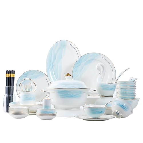 DYHWAC Vajilla de Porcelana de Hueso, Juego de Cuencos y Platos, Cuenco y Plato, vajilla for microondas con Bordes Dorados Pintados a Mano