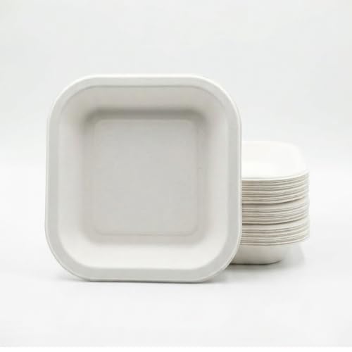 Image of Bonkaso 6x6 Inch Square Bagasse Plates Pack of 50 (White) | Disposable Sugarcane Paper Plates | Heavy Duty, Compostable & Microwave Safe | Plastic-Free Plates for Snacks | | Birthday, Wedding & Party