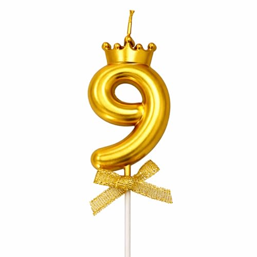 Image of Rozi Decoration Number 9 Birthday Candle with Crown Design | Gold Numeric Cake Candle with Stick | Party Cake Topper for Kids and Adults