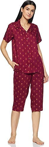 Image of Longies Women's Rayon Pyjama Night Suit Regular Capri Set ((LGRCSSY012 Red Large) L)