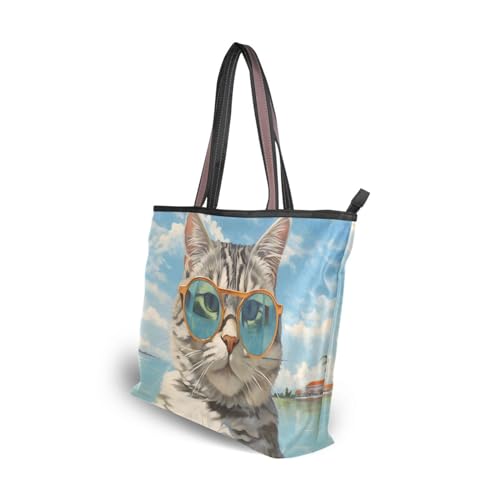 Women's Tote Bag Cat Wear Glasses Print, Reusable Grocery Handbag Bags with Zipper Large4