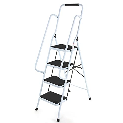 Klappleiter mit 4 Stufen, Trittleiter Klappbar Leiter mit 38x26cm Anti-rutsch Stufen, Klapptritt mit Handlauf und rutschfeste Füßen, Metal Step Ladder Belastbar bis 150 kg