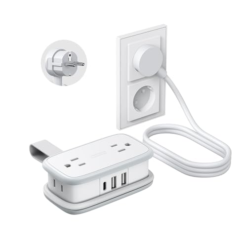 NTONPOWER European Travel Plug Adapter, Type E F Plug Adapter, Italy Travel Adapter with 4 Outlets 3 USB(1USB C) Ports, 4FT Wrapped Around Cord for Tr