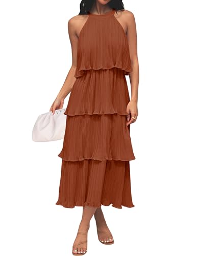 ZESICA Damen 2023 Sommer Ärmellos Neckholder Rüschen Gestuft Layed Chiffon Flowy Swing Long Midi Kleid, Ahorn, Klein