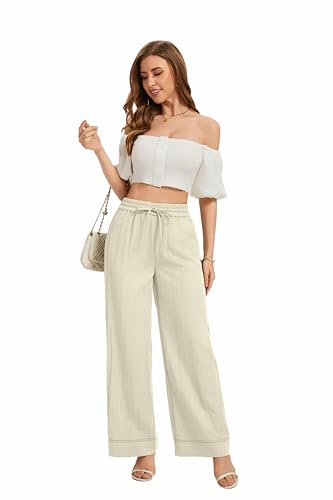 Image of KICZOY Women Flowy Pants Drawstring Waist Wide Leg Palazzo Beach Pants Loose Fit with Pockets