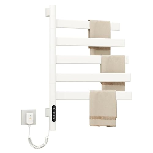 Boyuan 180° Swivel Towel Warmer Rack 150W Heated Towel Rack with Timer 1H-9H, 86-158°F, 5 Bars White Electric Towel Rack for Bathroom, Wall Mounted
