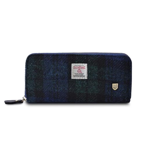 Image of Islander HarrisTweed & PU Leather women's long zip purse, Carry Cash & card, Scottish Style, Blackwatch Tartan