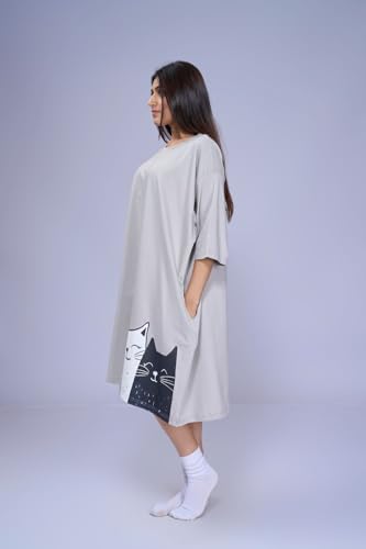 Image of LAMA STORE Women's Printed Oversized T-Shirt Dress, Cotton, 3 /4 Sleeve Length, Casual Loose Fit, Comfort Wear Extra Comfy Oversized Printed Pocket T-Shirt Dress
