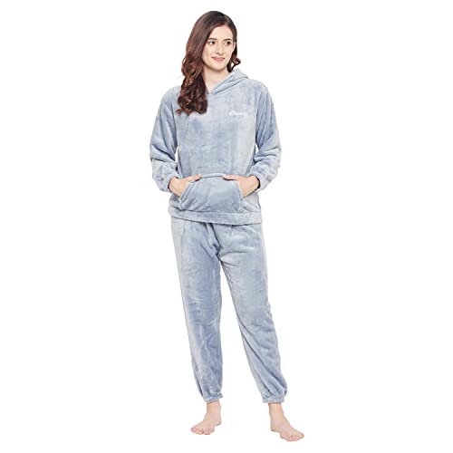 Image of CAMEY Women Winter Full Sleeve Top and Pajama Pants Regular Fit Night Suit Hooded Top and Pyjama Set Ladies Night Dress (Free Size, Blue)