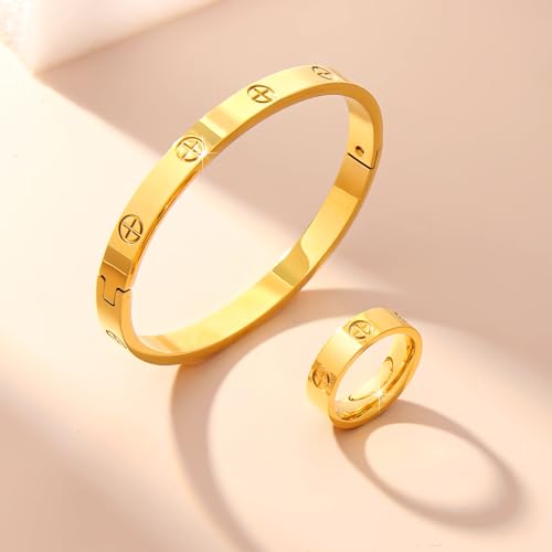 18K Gold Plated Friendship Love Bracelet with Ring Jewelry Set for Women Stainless Steel Cuff Oval Bangle Simple Hinged Cubic Zirconia Stones Bangle Cuff Best Gifts for Mother's Day Valentine's Day Wedding Couples and Birthdays4