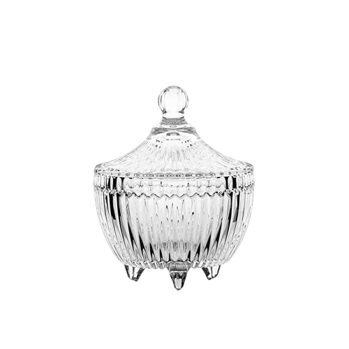 Image of WRINGO 300ML Ribbed Glass Candyy Jar with Lid | Crystal Clear Decorative Storage Container for Candy, Dry Fruits, Chocolates, Cookies & Snacks | Tabletop Candy Bowl | Pack of 1