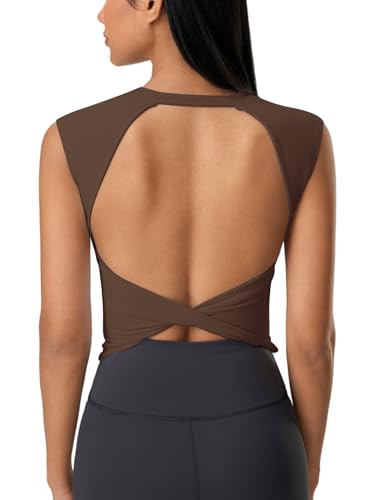 Image of ABOCIW Women Twist Back Workout Top with Built in Bra Cap Sleeve Pilates Yoga Crop Top Athletic Gym Shirt