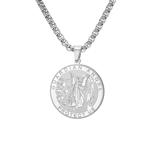 SAKVILSEC Guardian Angel Protect Us Necklace Stainless Steel Protection Pendant Jewelry Gift for Men & Women (Silver Color GUARDIAN ANGEL Style-2 60cm Chain)