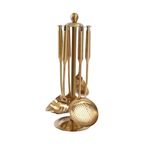 Gold Cooking Utensils Set with Holder, 7 PCS 304 Stainless Steel Cooking Kitchen Utensil Set with Rotating Holder, Spatula, Slotted Turner, Ladle, Skimmer, Pasta Server, Large Rice Spoon