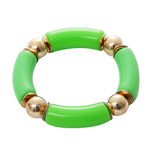 Caiyao Gold Plated Beaded Acrylic Bamboo Tube Bangle Bracelets For Women, Colorful Chunky Curved Tube With Gold Pieces Beads Stretch Bracelet-Green #TOP24