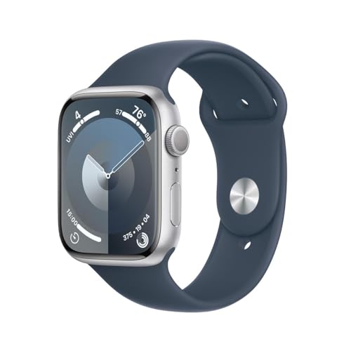 Image of Apple Watch Series 9 [GPS, 41mm] Silver Aluminum Case with Storm Blue Sport Band, M /L (Renewed)