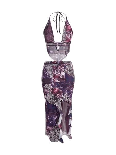 Image of Verdusa Women's 2 Piece Boho Skirt Sets Going Out Backless Halter Top with Split Skirt Rave Festival Outfits Western Clothes
