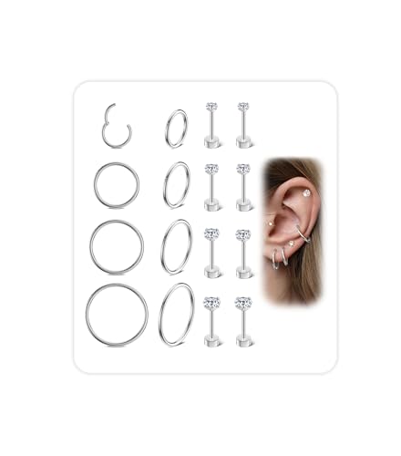 14K Gold Stud Hoop Earrings Stack Set for Women Men:Hypoallergenic Surgical Steel Seamless Earrings,Dainty Small Flat Back earrings for Cartilage Helix Tragus Multiple Piercing Jewelry