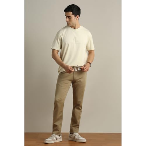 Image of Peter England Men's Super Slim Fit Stretchable Cotton Satin Casual Trousers | Office Sleek & Trendy Look