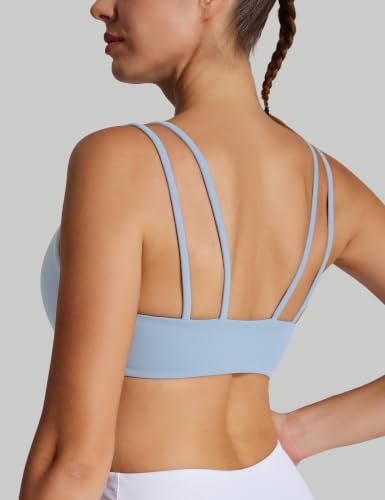 Image of Yoga Sports Workout Bras for Women Seamless Molded Cup Spaghetti Double Strap Bra Wirefree Scoop Neck Tank Top Bras