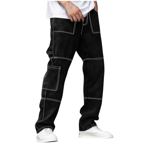 Black Jeans Cargo Pants for Men Fashion Button Down Wasit Straight Leg Denim Sweatpants with Pockets Work Trousers