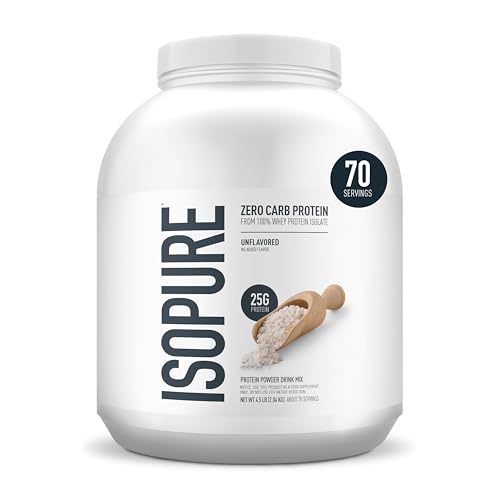 Isopure Zero Carb 100% Pure Whey Isolate Protein Powder, Lactose-Free, Gluten-Free, with Vitamins, Unflavored, 25g Protein Per Serving, 4.5 Lbs, 70 Servings (Packaging May Vary)